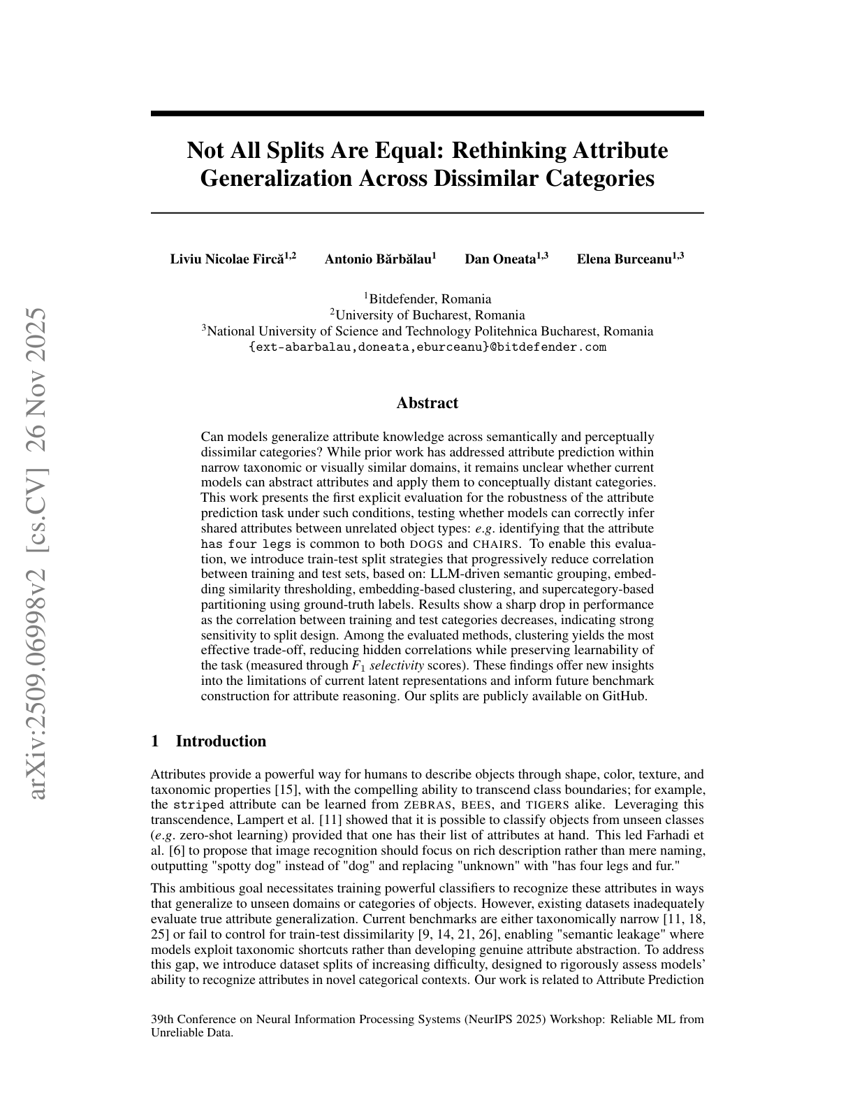 Teaser for Not All Splits Are Equal: Rethinking Attribute Generalization Across Unrelated Categories