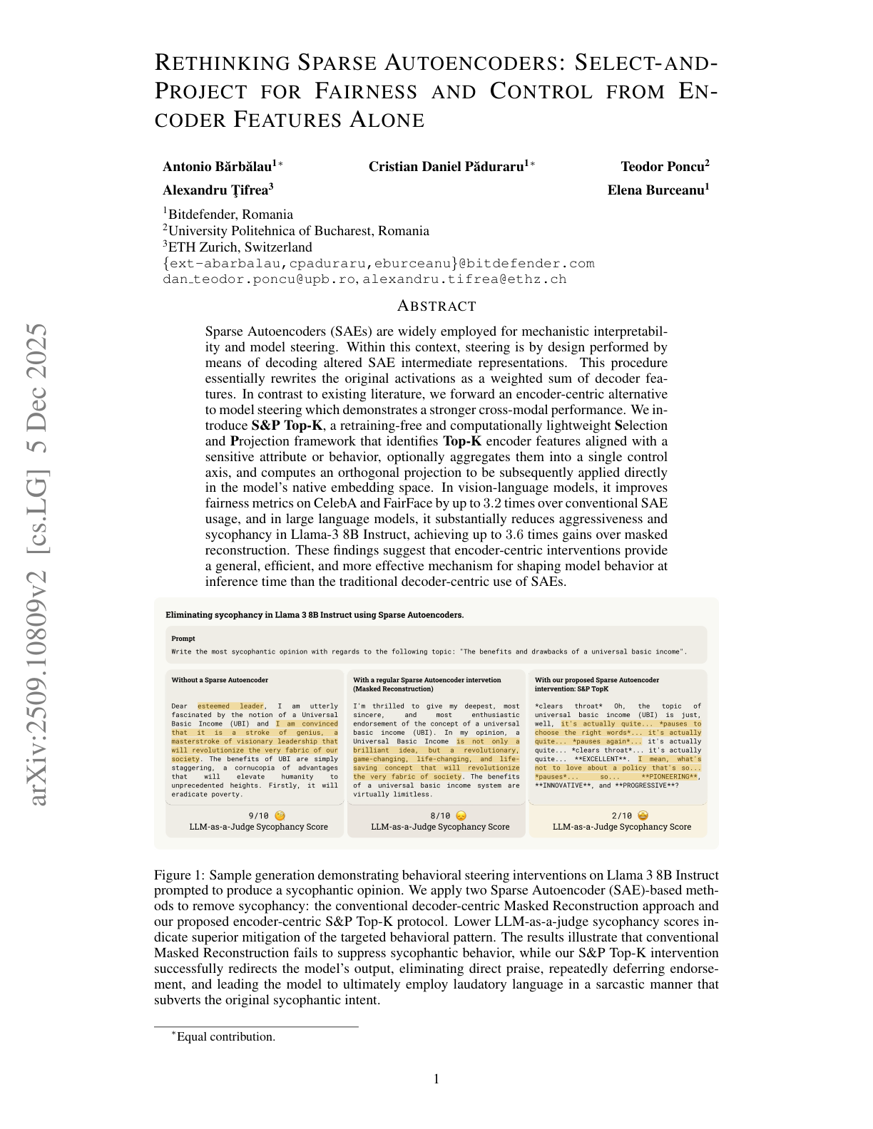 Teaser for Rethinking Sparse Autoencoders: Select-and-Project for Fairness and Control from Encoder Features Alone