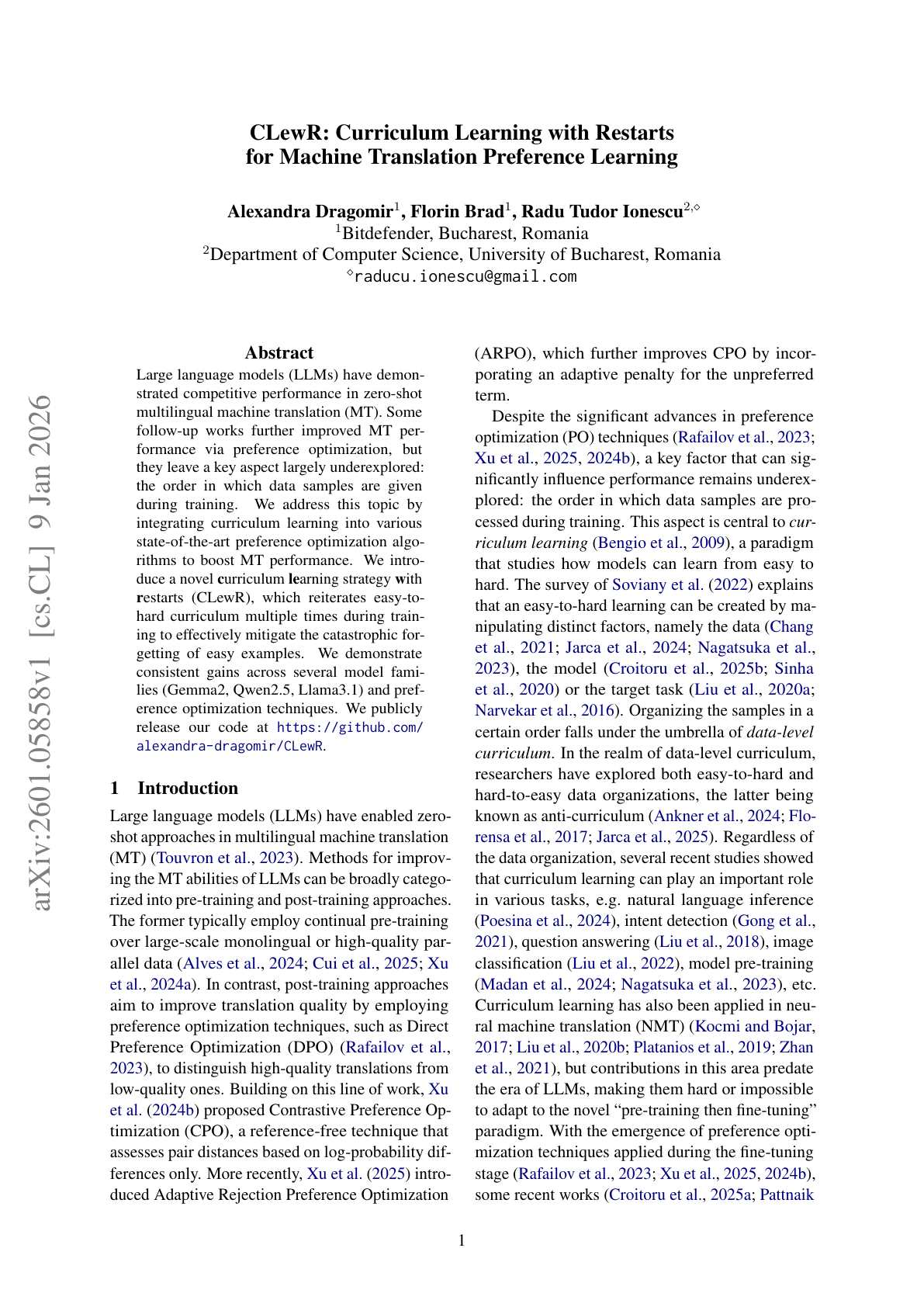 Teaser for CLewR: Curriculum Learning with Restarts for Machine Translation Preference Learning